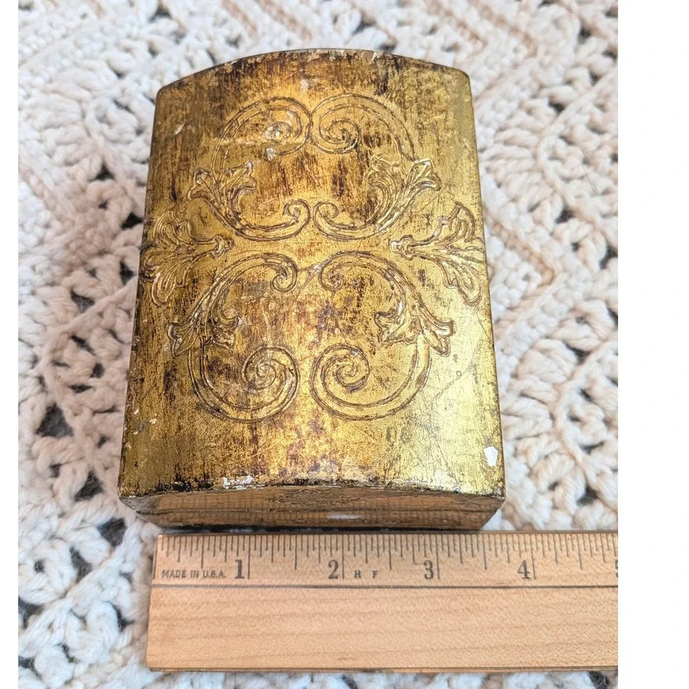 Vintage Florentine Wood Jewelry Box Gold Gilt Domed Trinket Chest Made in Italy